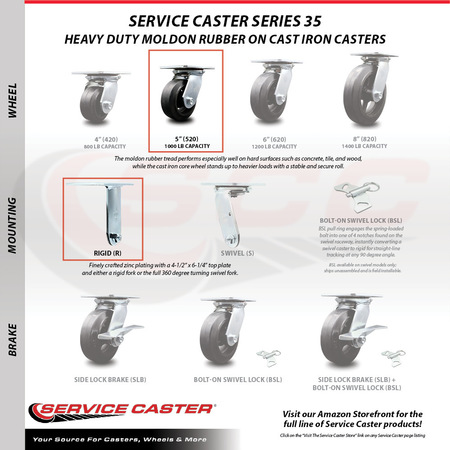Service Caster 5 Inch Rubber on Steel Caster Set with Ball Bearings 2 Swivel 2 Rigid SCC SCC-35S520-RSB-2-R-2